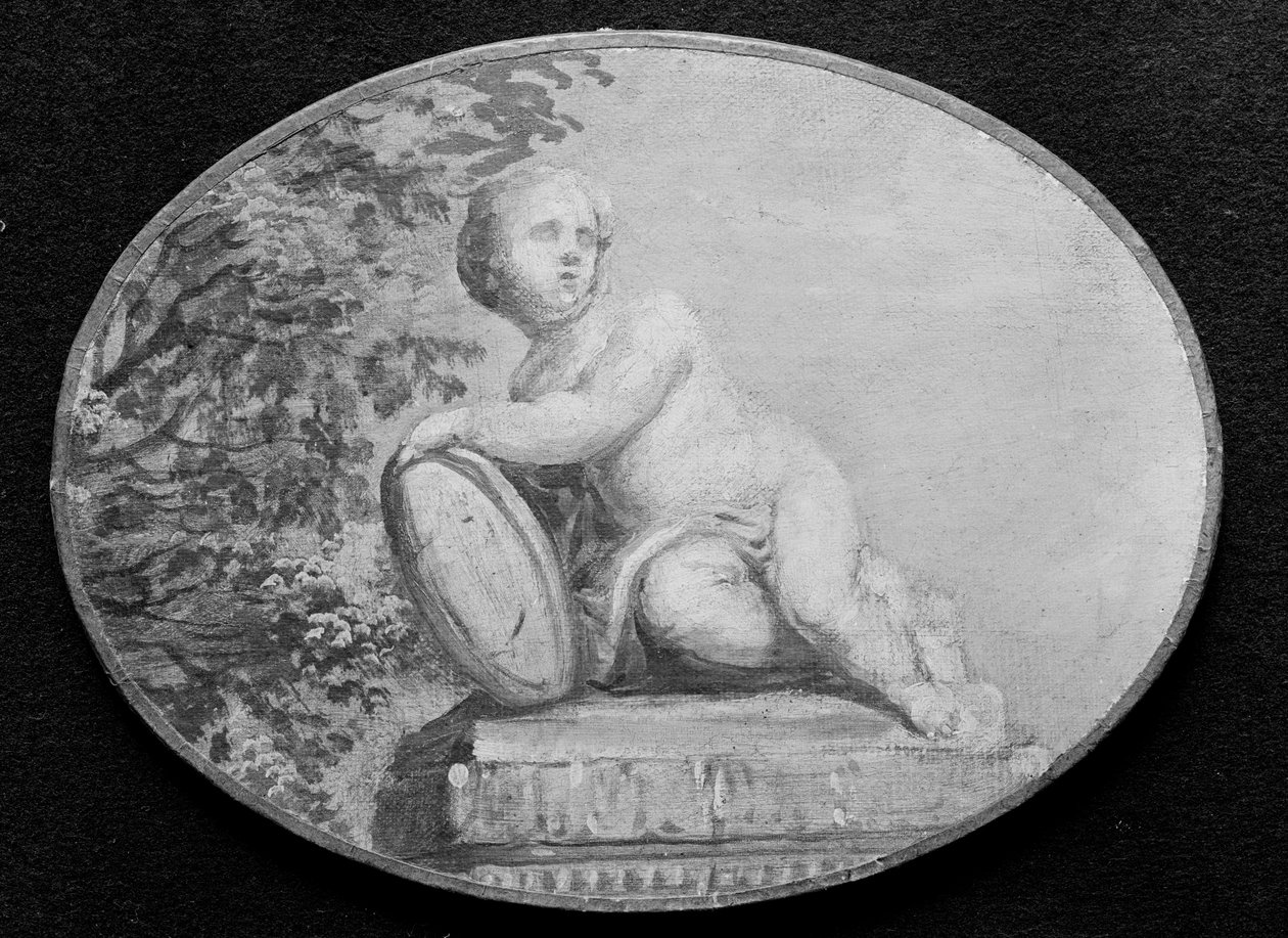 Putto på en pidestall mot bakgrunn av frodig, 1700-tall. av 18th century . French Painter