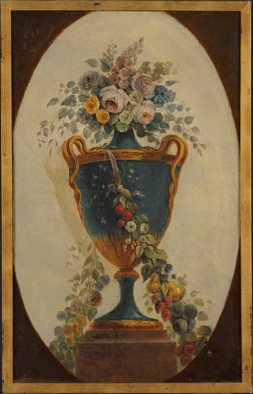 Vase med blomster drapert med kranser, 1700-tallet. av 18th century . French Painter