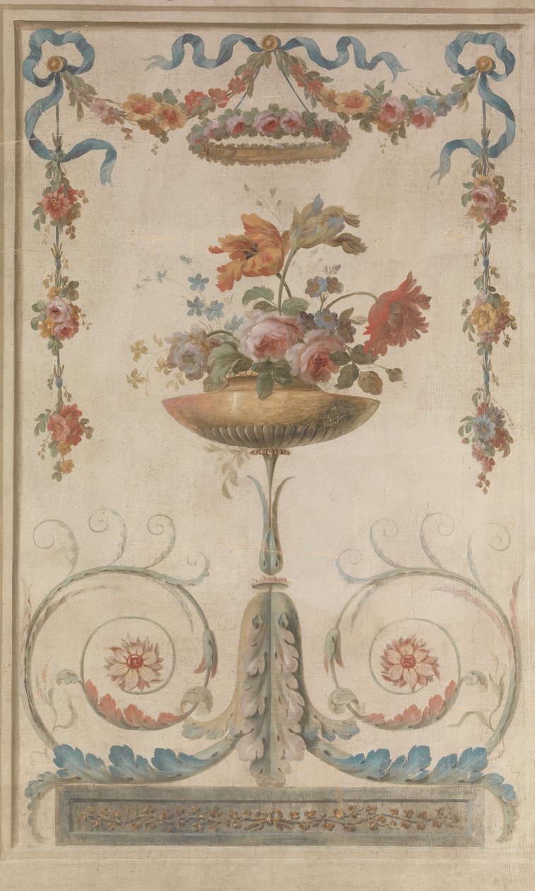 Vase med blomster hviler på bladruller, 1770-90. av 18th century . French Painter