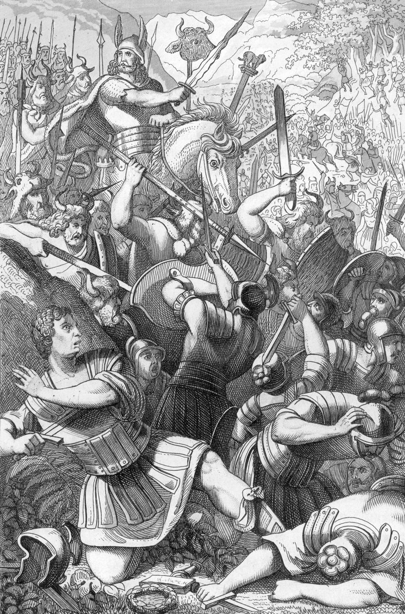 Cheruscan-høvdingen Arminius (18 f.Kr.-21 e.Kr.) i slaget ved Teutoburg (Teutoburger Wald eller Teutberg) som motarbeidet romerne mot tyskerne i 9 e.Kr. (Keruskerne under Arminius (Hermann) beseirer de 17.–19. romerske legioner under Varus i Teutoburgersko av 19th Century Polish School