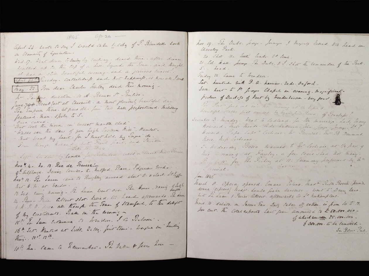 Utdrag fra Marquess of Granbys Diary, 24. april 1845 (blekk på papir) av Charles Manners, 6th Duke of Rutland