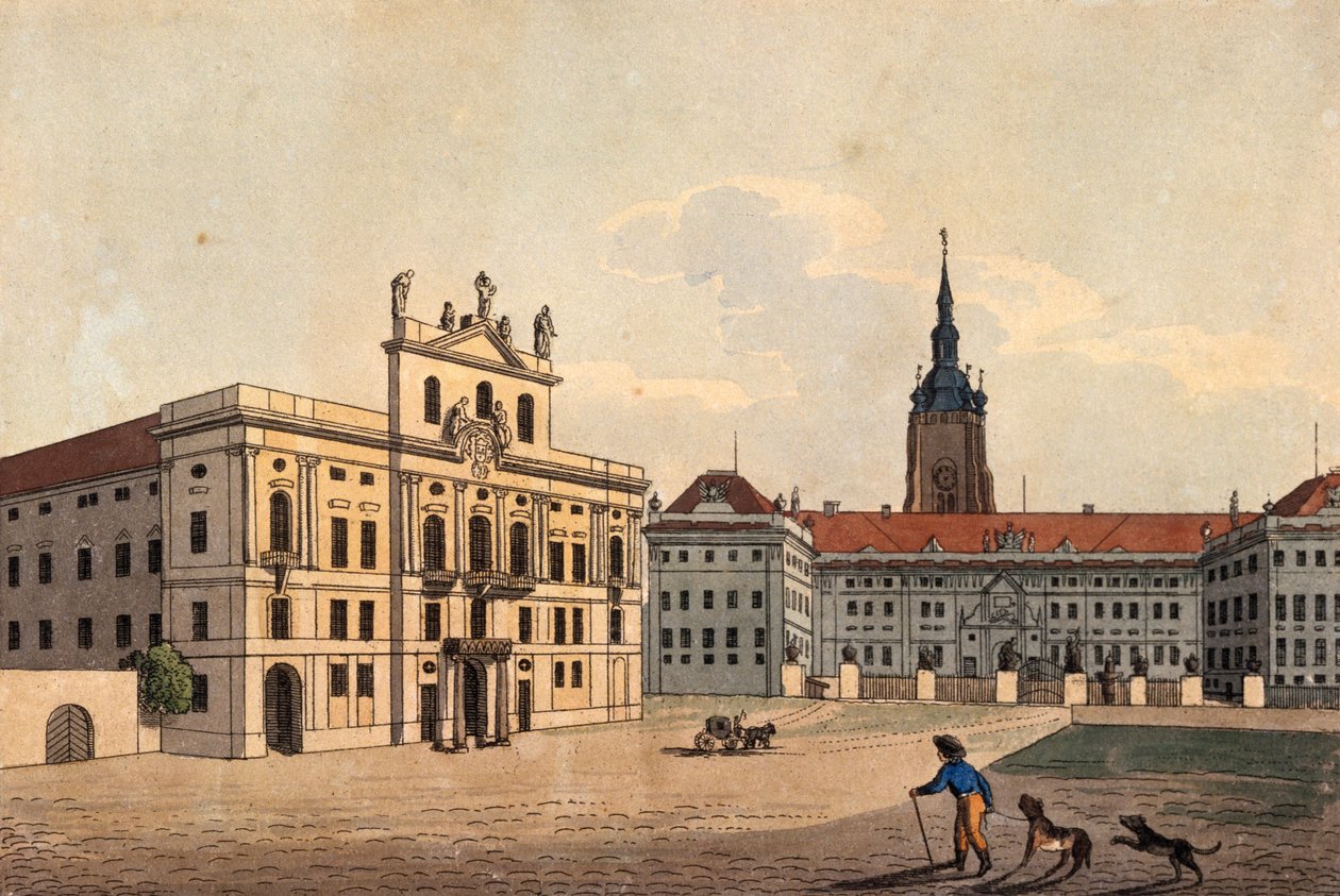 Erkebiskopens palass og den første domstolen i Praha slott, ca. 1810 (farget etsning) av A. and Berka, Johann Gustav