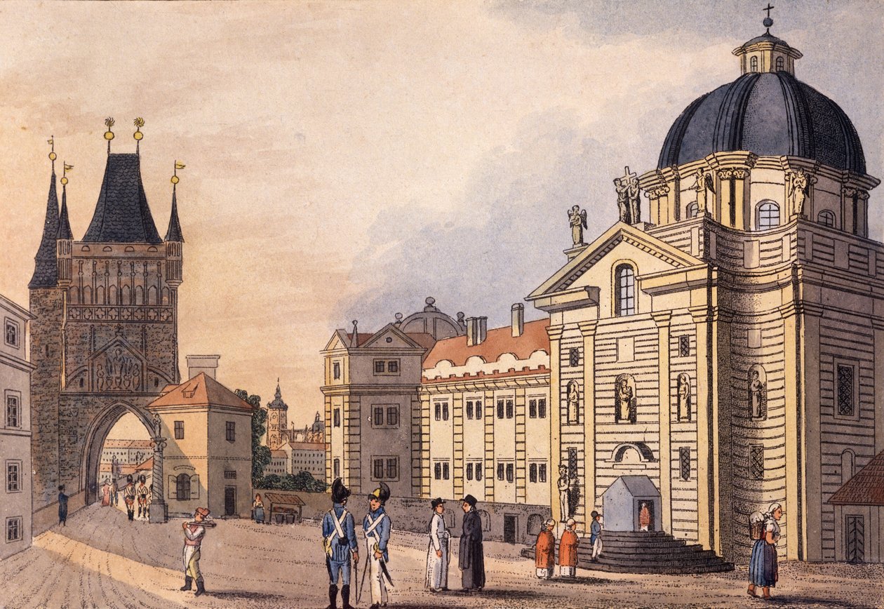 Krizovnicke namesti (Korsriddernes torg), Praha, ca. 1810 (farget etsning) av A. & Berka, Johann Gustav