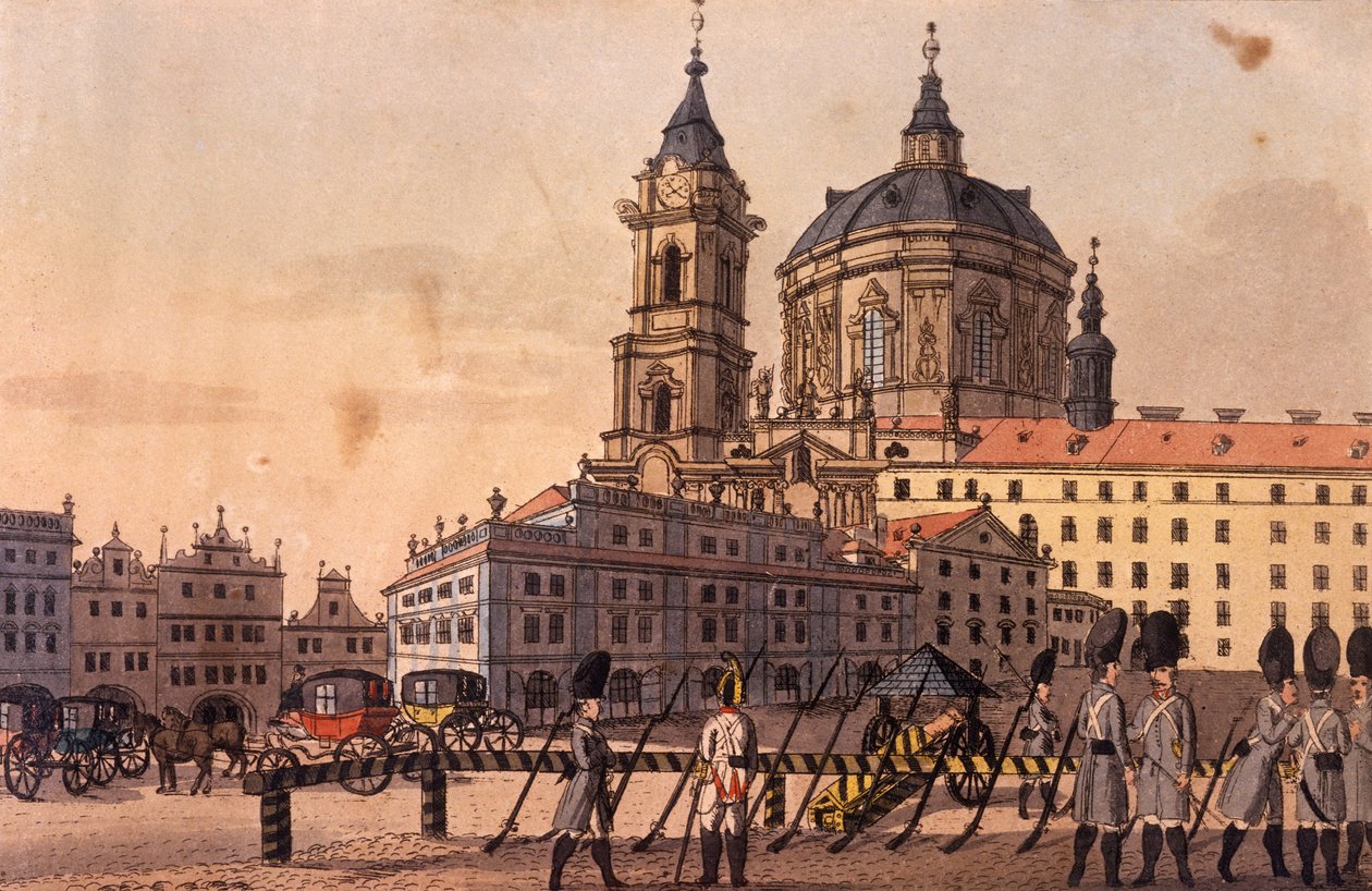 Malostranské (Little Quarter) Square (nedre del), ca. 1810 (farget etsning) av A. and Berka, Johann Gustav