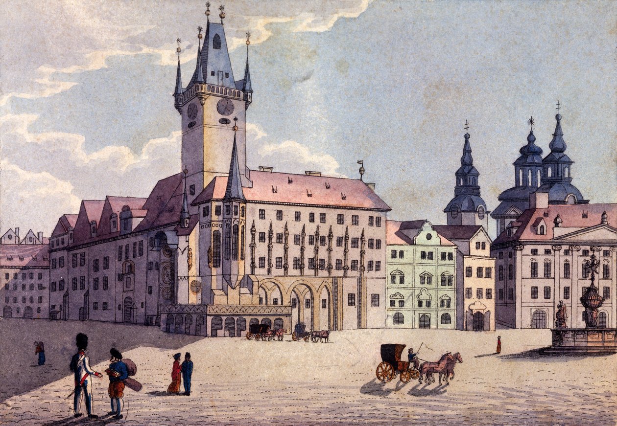 Gamlebytorget fra Celetná Street, Praha, ca. 1810 (farget etsning) av A. and Berka, Johann Gustav