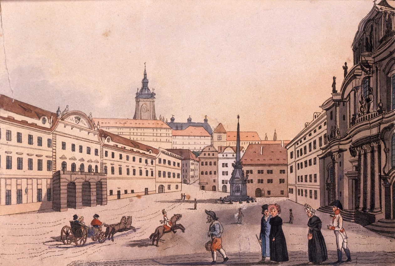 Øvre Malostranské-plassen (lille kvarter), Praha, ca. 1810 (farget etsning) av A. and Berka, Johann Gustav
