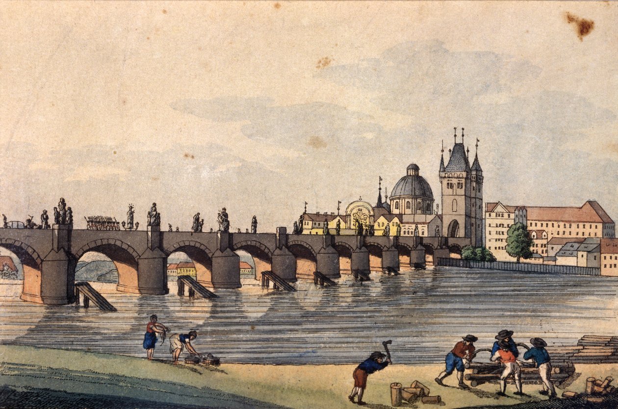 Utsikt over Karlsbroen fra Kampa Island, Praha, ca. 1810 (farget etsning) av A. and Berka, Johann Gustav