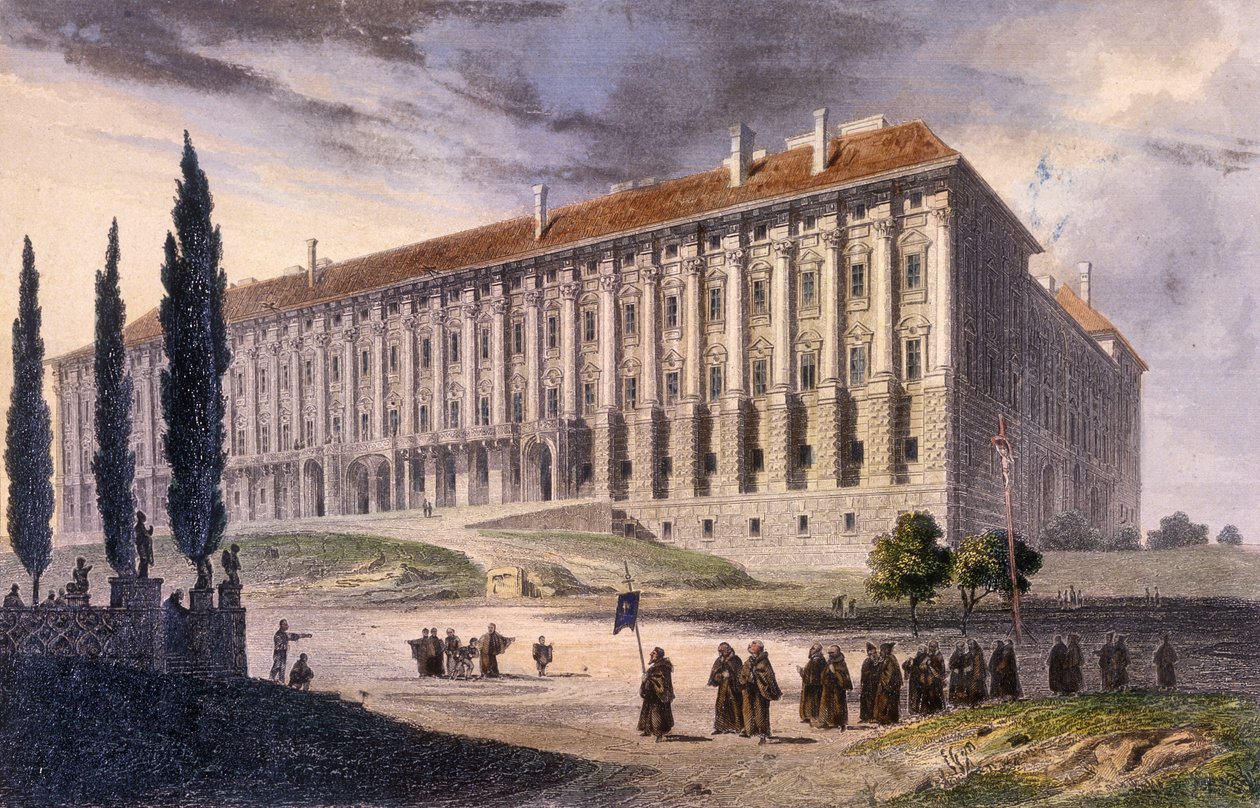 Utsikt over Loretto-plassen fra Capuchins, Praha, ca. 1810 (farget etsning) av A. and Berka, Johann Gustav