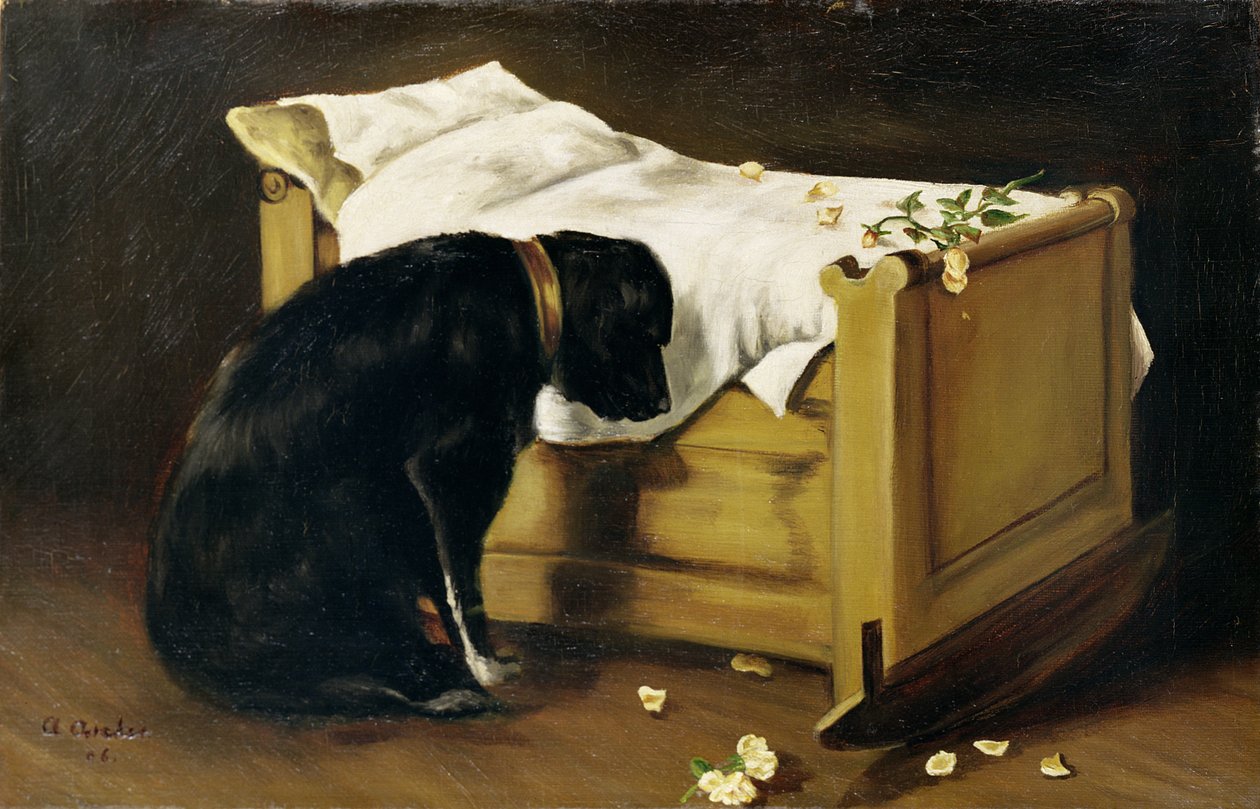 Hund sørger over sin lille mester, 1866 av A. Archer