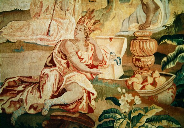 Amerika, fra et billedvev av de fire verdenshjørner, detalj av en figur i forgrunnen (detalj av 184003) av A. Baertams