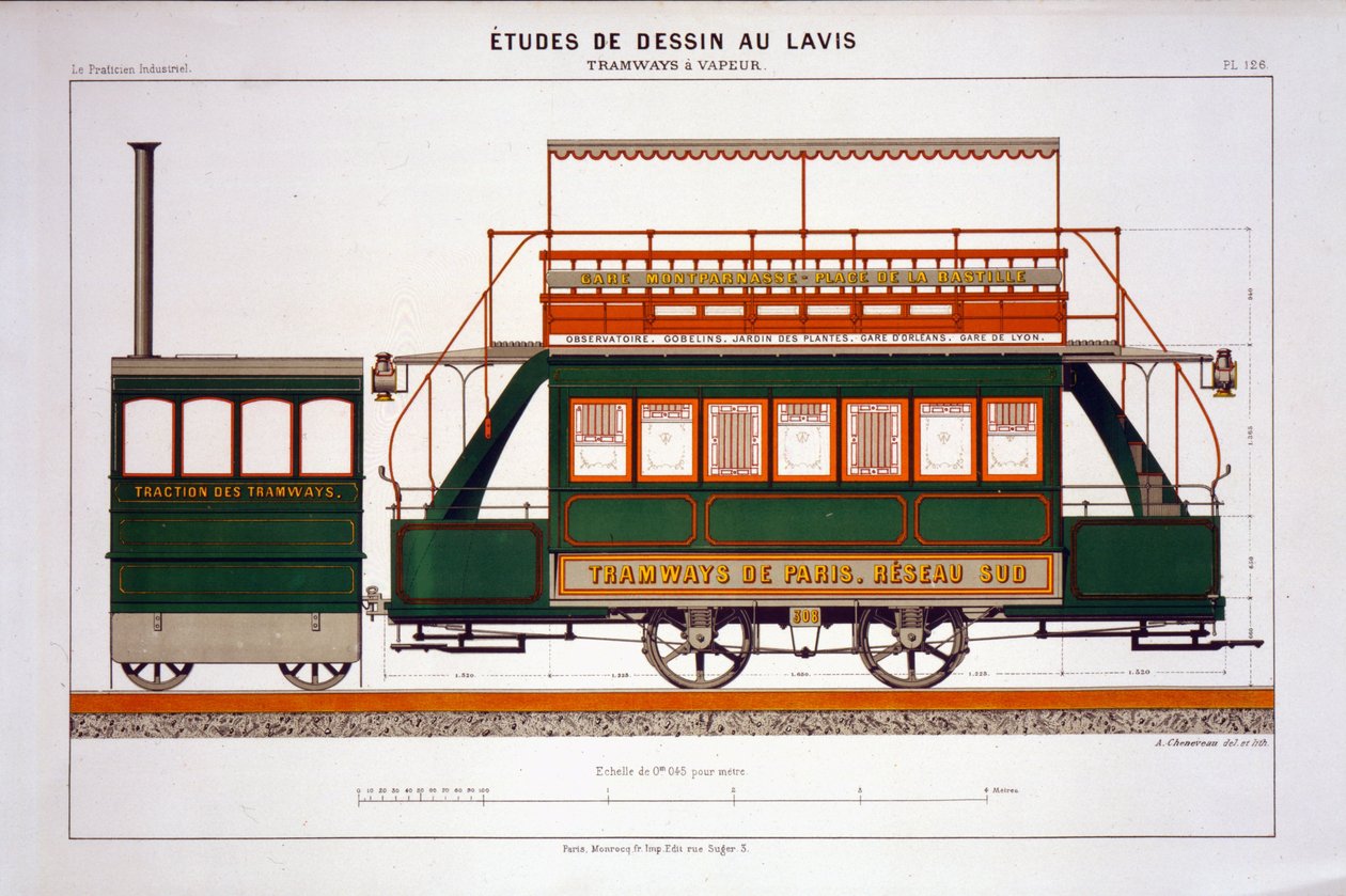 Design for en damptrikk, plate 126 fra The Industrial Practitioner, gravert av kunstneren av A. Cheneveau