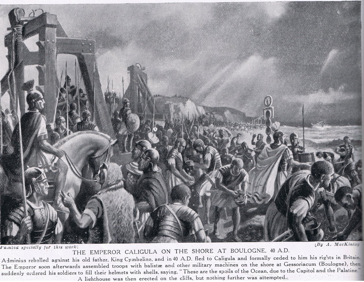 Keiseren Caligula på kysten ved Boulogne, illustrasjon fra Hutchinsons History of the Nations, ca. 1910 av A. MacKinlay