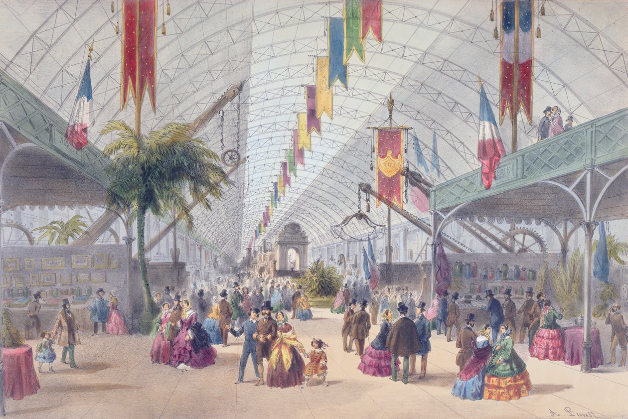 Innvendig utsikt over Galerie des Machines og Algerie-delen av Paris-utstillingen i 1855 av A Provost
