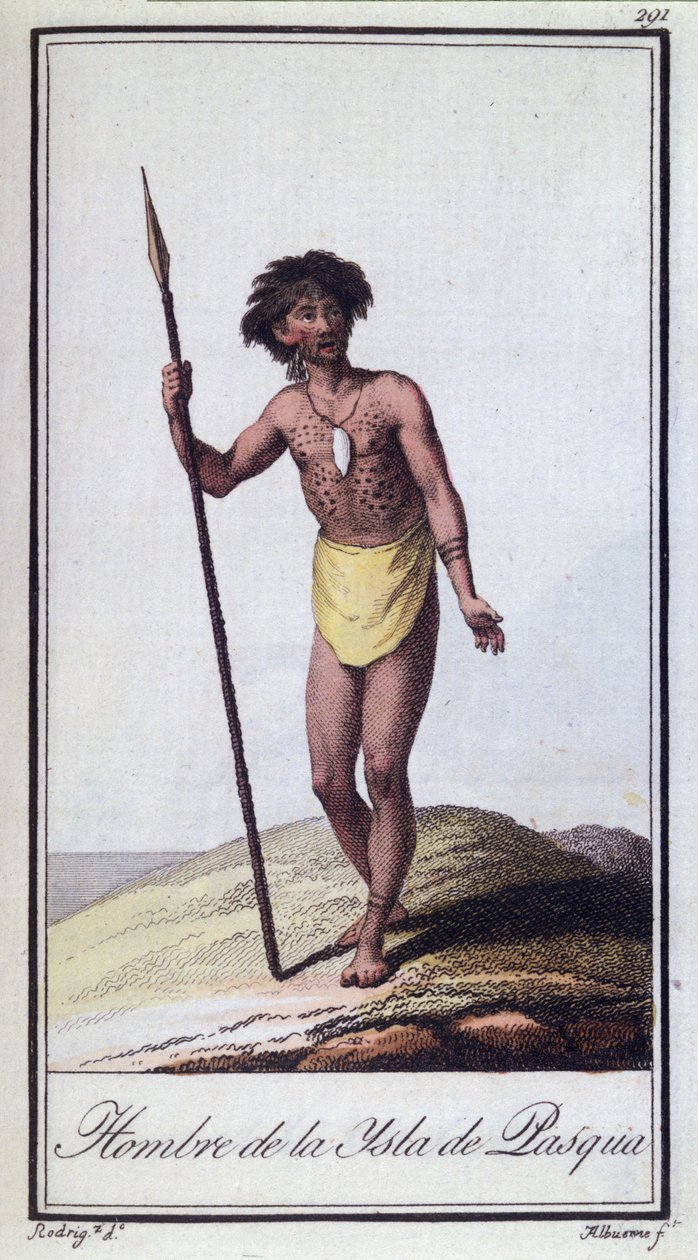 A Man from Easter Island, gravert av Albuerne, 1799 farget gravering av A. Rodriguez