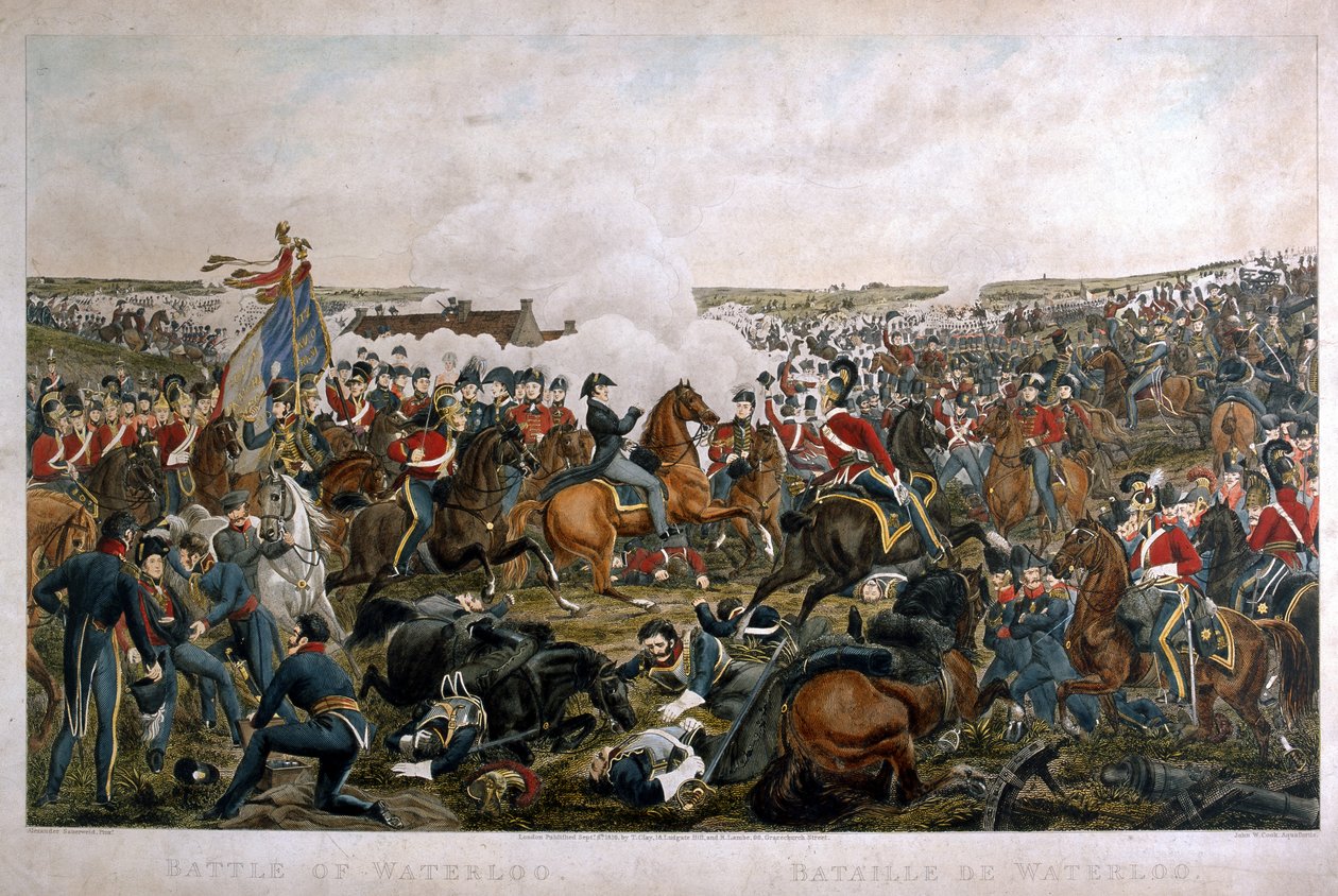 Slaget ved Waterloo, 1815, gravert av J.A. Cook, 1816 (farget akvatint) av A. Sauerweld