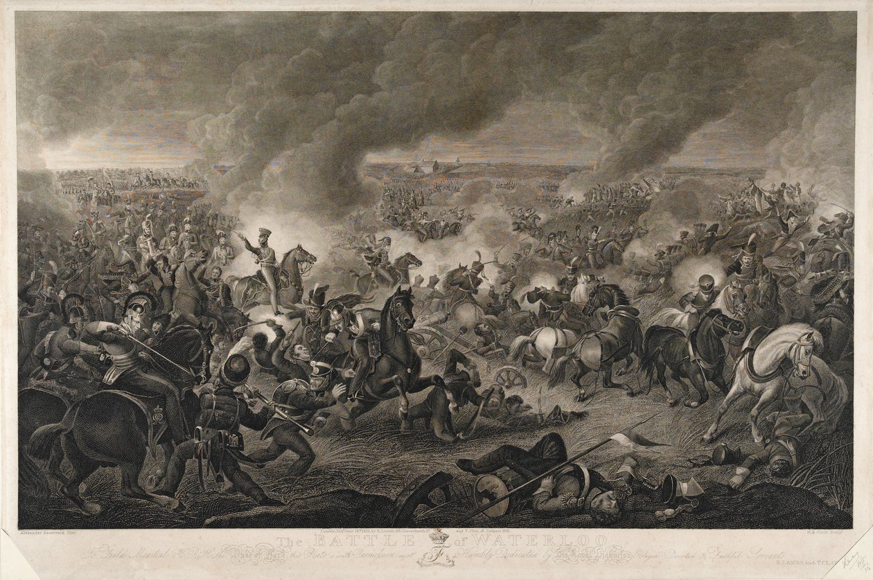 Perioden er mot slutten av dagen... , Slaget ved Waterloo, 18. juni 1815, gravert av H. R. Cook, utgitt av T. Clay og R. Lambe, gravering av juni 1819 av A. Sauerweld