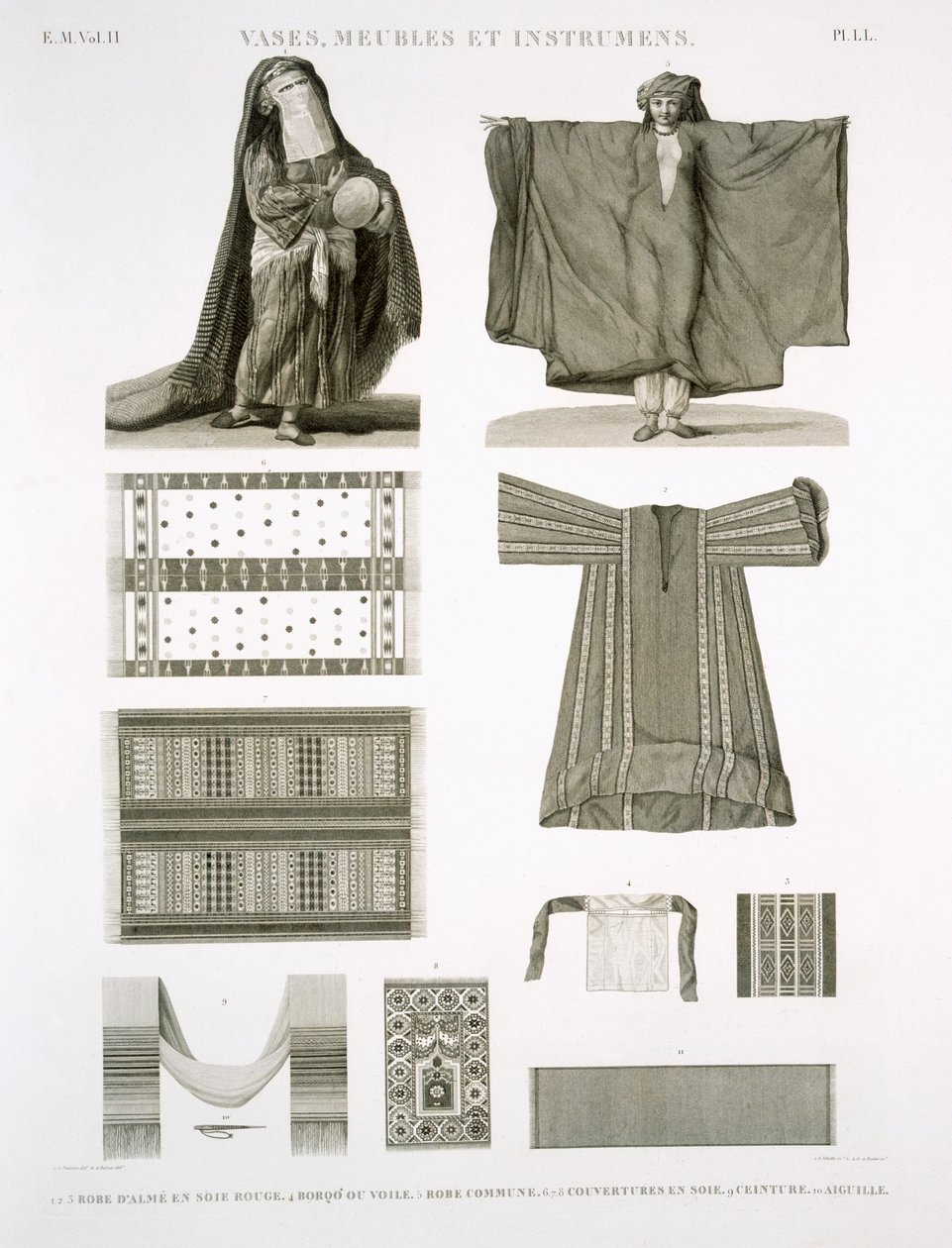 Eksempler på silke og egyptiske kostymer, fra Beskrivelse av Egypt, gravert av Jehotte og Texier, pub. under ordre fra Napoleon, 1822 av A. and Balzac, C. Dutertre