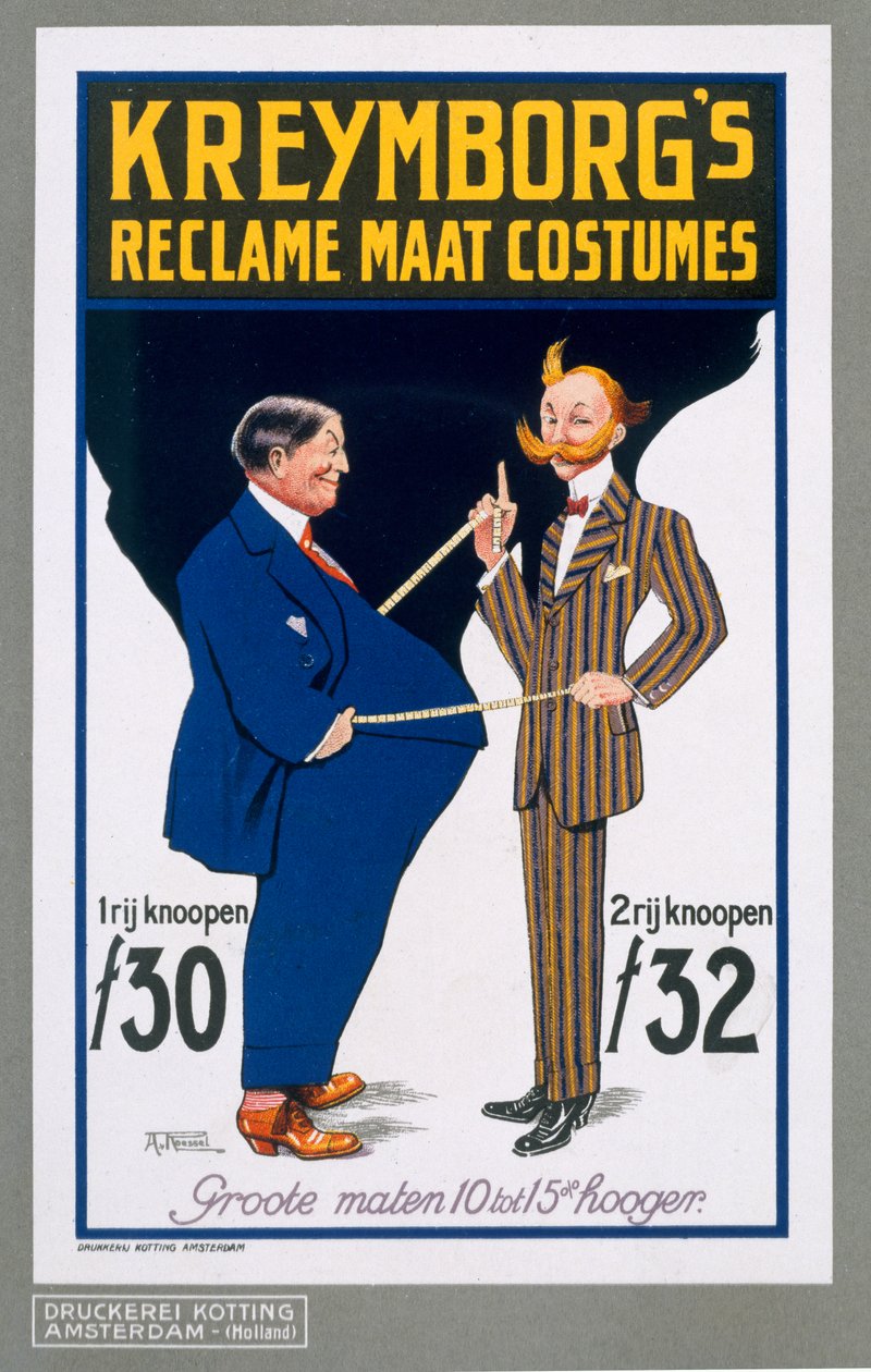 Reklame Maat kostymer, plakat reklame Kreymborgs nederlandske skreddere, 1914 av A. von Roessel