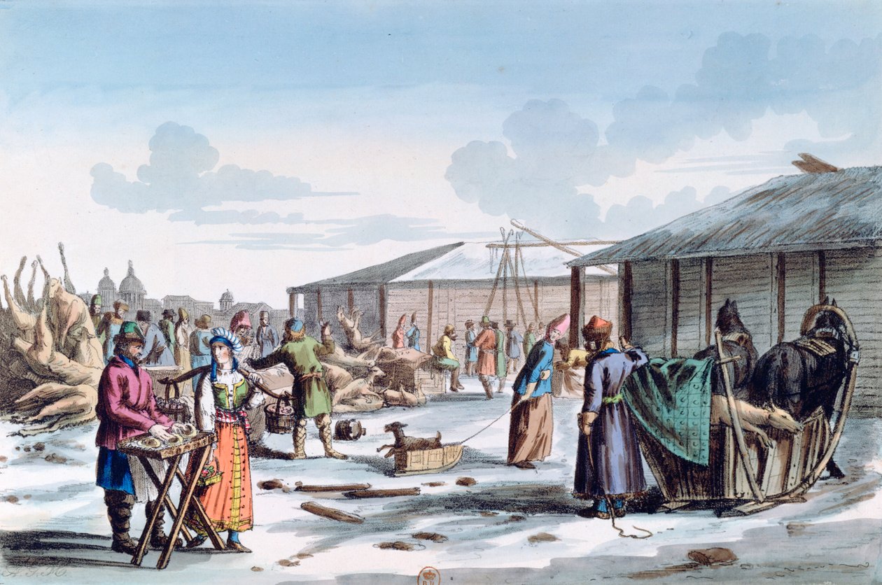 Kjøttmarked om vinteren, Russland, 1821 av AC Houbigaot
