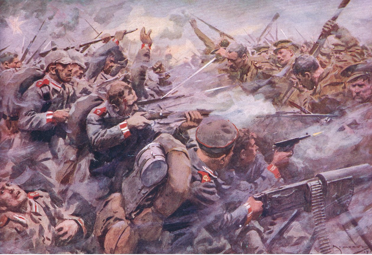 Nederlaget til den prøyssiske garde ved Zonnebeke, fra History of the Great War Vol 3 utgitt av Waverley Book Co Limited, ca. 1920 av A.C. Michael