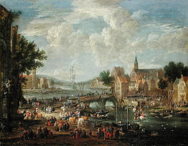 Byfolk ved elvebredden av A.F. and Bouts, P. Boudewyns