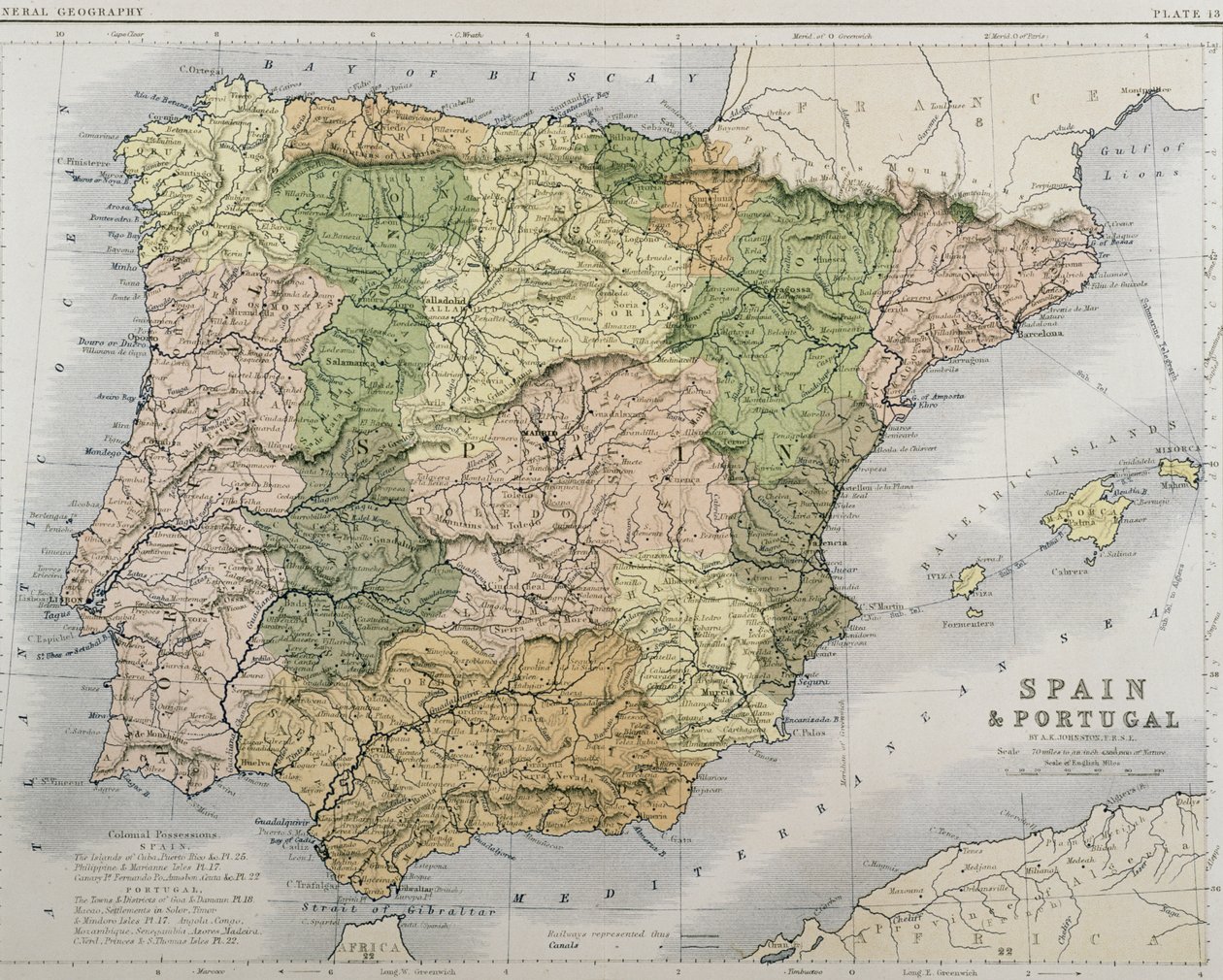 Et kart over Spania og Portugal, ca. 1869 av Alexander Keith Johnston