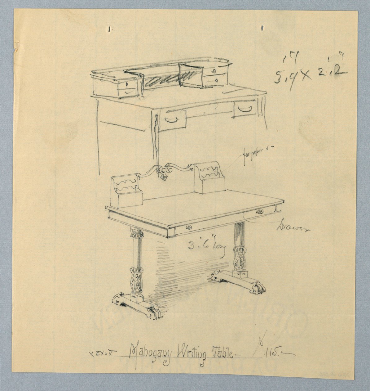 Design og skisse for "Mahogni Writing Table" av A.N. Davenport Co.