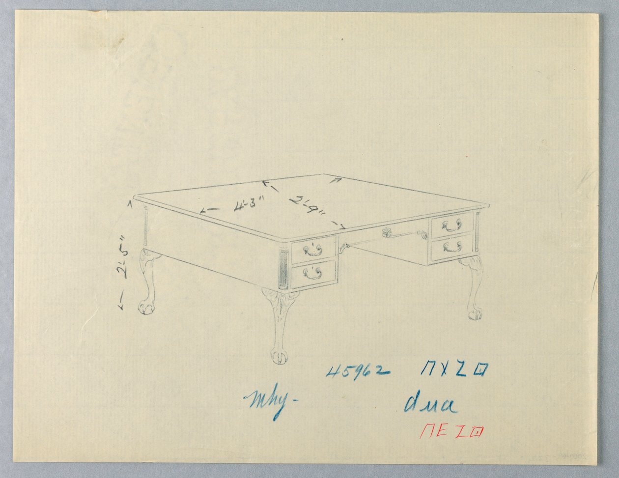 Design for biblioteksbord med løvepoteføtter av A.N. Davenport Co.