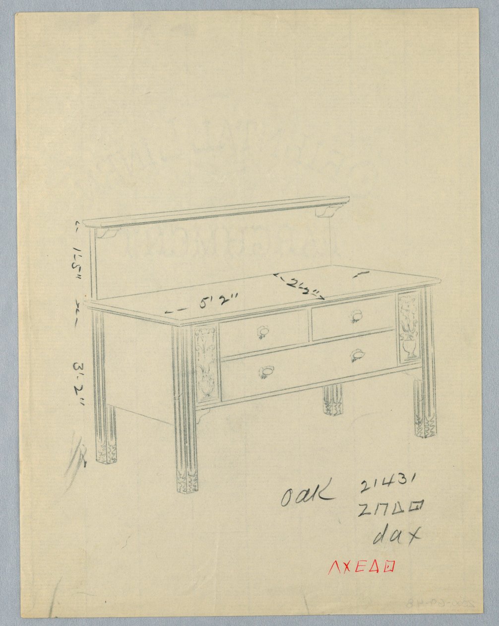 Design for rektangulær skjenk med vaser med blomster av A.N. Davenport Co.