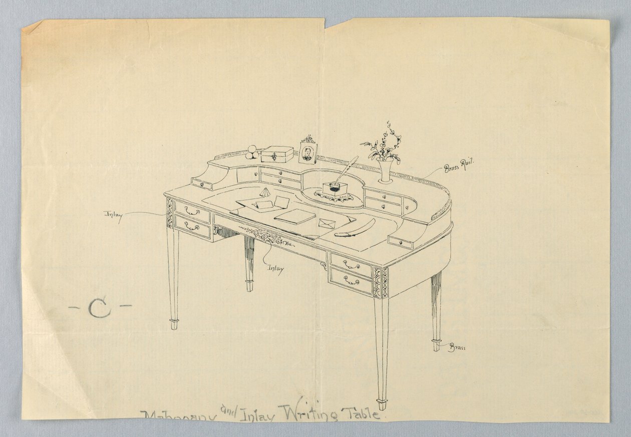 Design for halvsirkulært skrivebord "C" med messingføtter og messingrekkverk av A.N. Davenport Co.