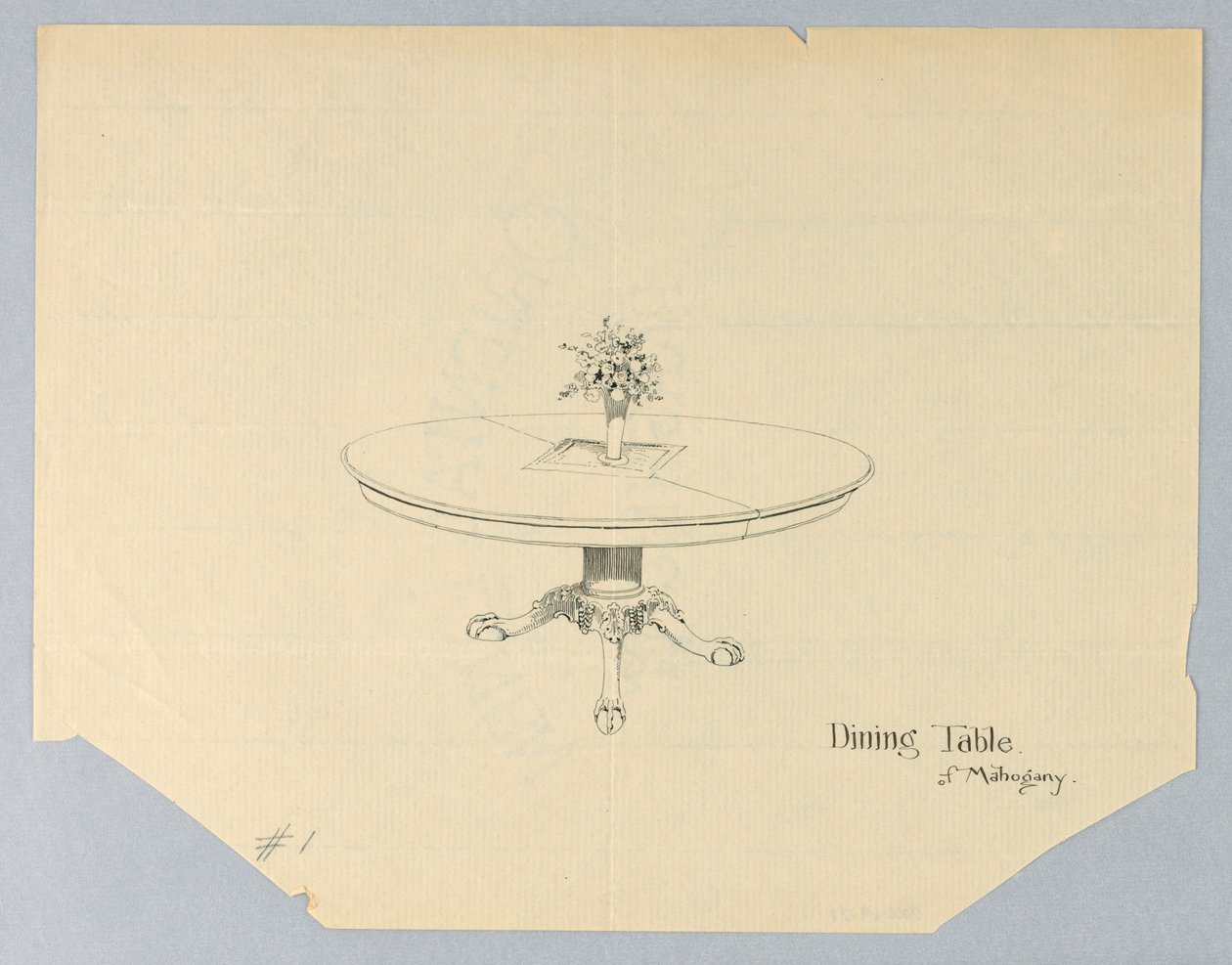 Design for et spisebord av mahogni med en blomstervase av A.N. Davenport Co.
