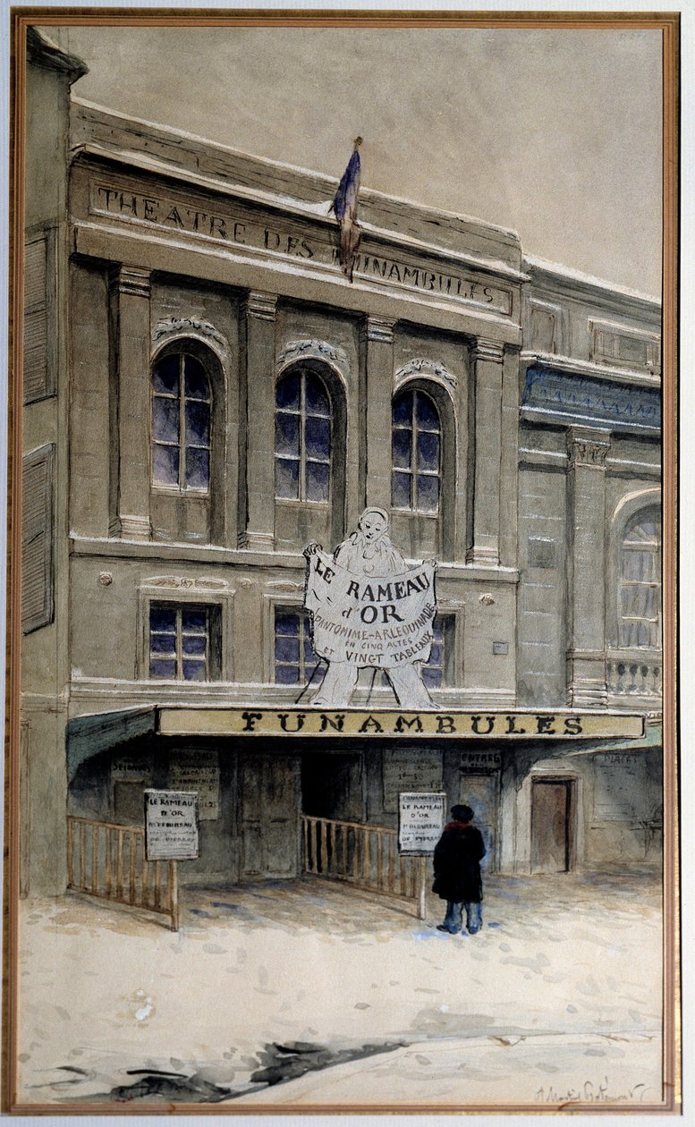 Utsikt over Theatre des Funambules på boulevard du Crime (boulevard du Temple i Paris). Akvarell av Adolphe (1828-1883) Paris. Carnavalet museum av A.P. Martial