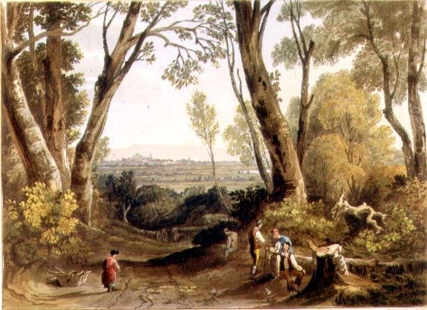 Hereford, fra Dynedor Hill, gravert av Theodore H. A. Fielding (1781-1851), pub. i "Pitorsk utsikt over elven Wye" av A.V. Copley (after) Fielding