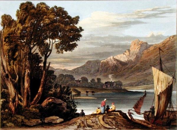 The New Weir. Ser oppover elven, plate 11 fra Beskrivelse av elven Wye, gravert av Theodore Henry Fielding (1781-1851), 1818 (håndfarget akvatint) av A.V. Copley after Fielding