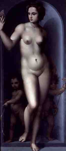 Venus Between Two Amores (olje på panel) av A.  Piccinelli