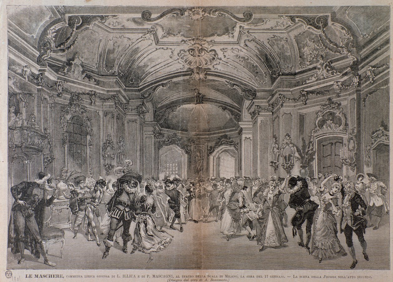 Illustrasjoner til operaen Le Maschere av Pietro Mascagni for forestillingen på teatro alla Scala i Milano av A. (after) Bonamore