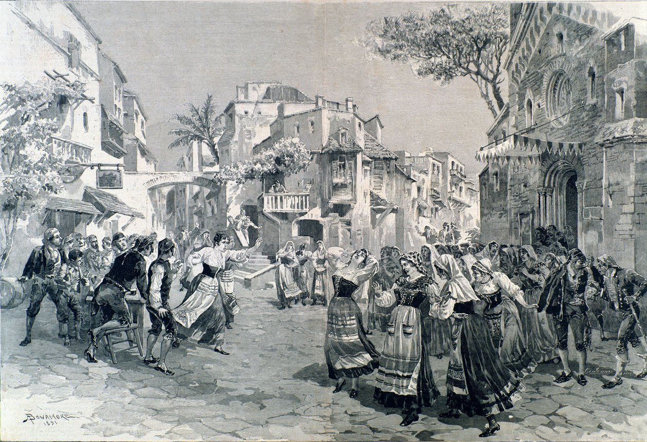 Sluttscenen til Cavalleria rusticana, opera av Mascagni, på teatro alla scala i 1891 av A. (after) Bonamore
