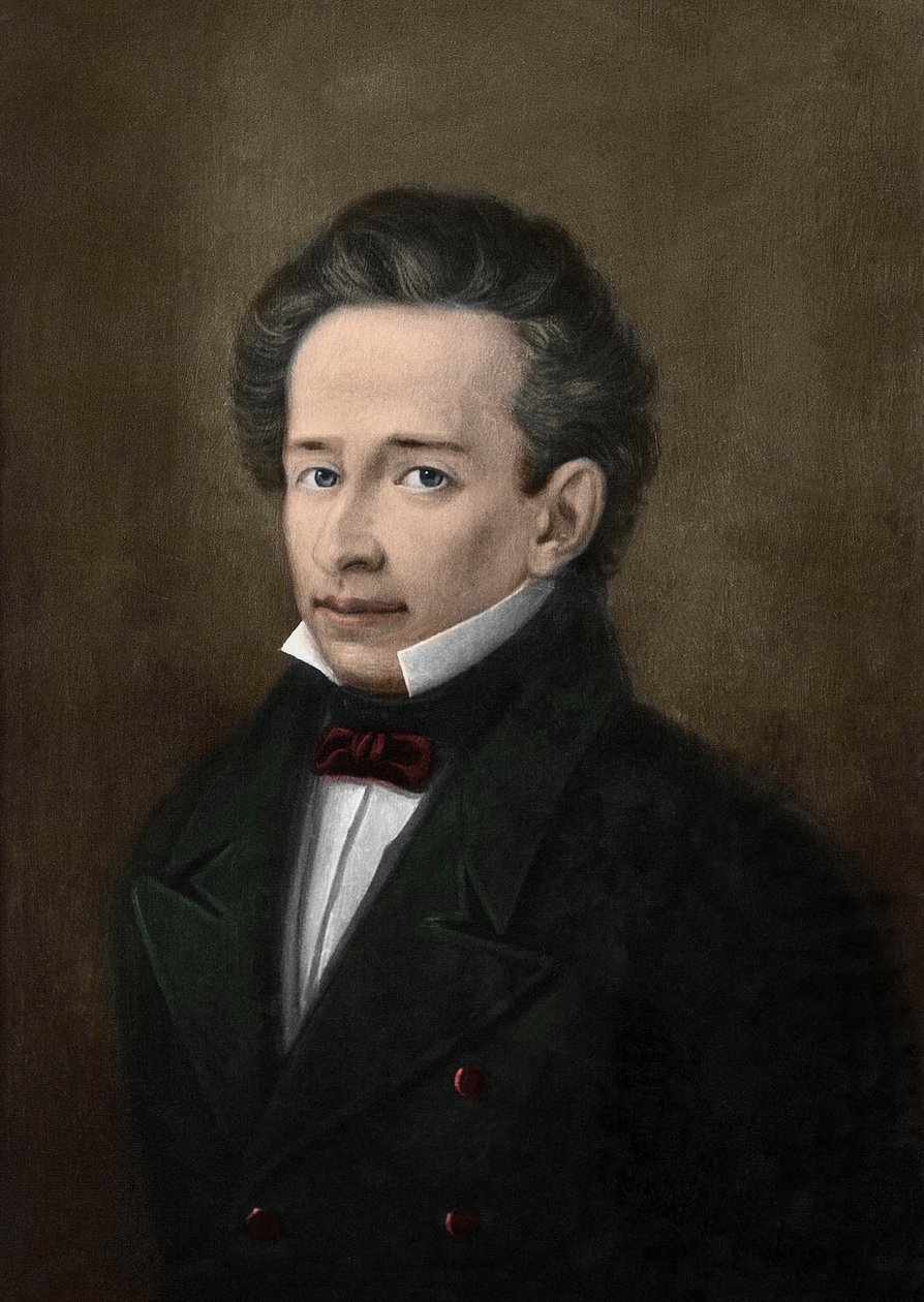 Portrett av Giacomo Leopardi (1798-1837) fra portrettet av A. Ferrazzi - av A. (after) Ferrazzi