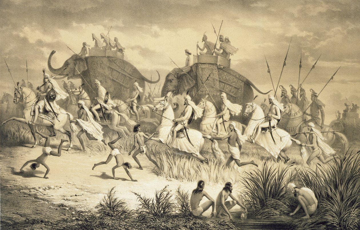 Cavalcade of Sikh Chieftains on Elephants, fra "Voyage in India", gravert av Louis Henri de Rudder (1807-81) pub. i London av A. (after) Soltykoff