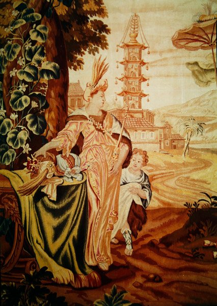 Asia, fra et billedvev av de fire verdenshjørner, detalj av figurer til venstre, foran pagoden (detalj fra 194760) av A. Baertams