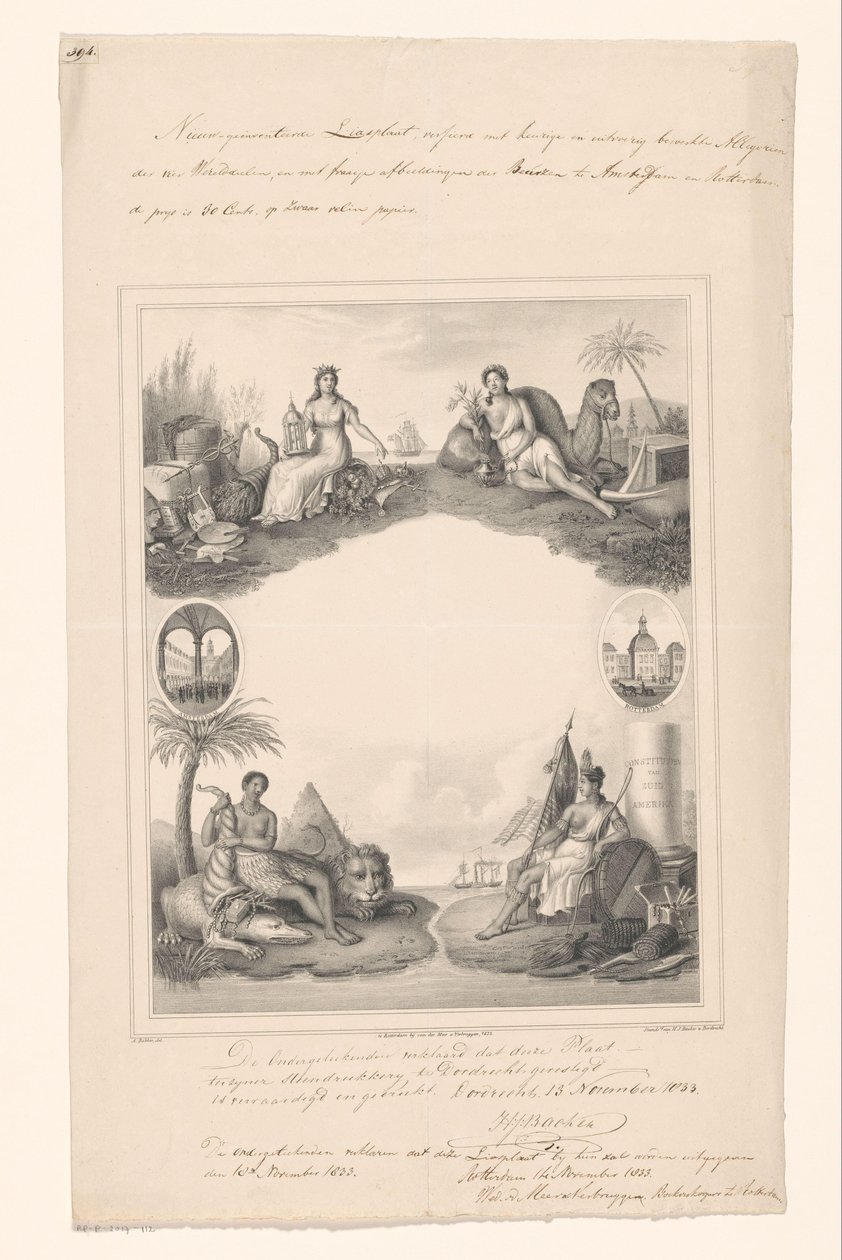 Design for en tittelside med personifikasjoner av fire kontinenter av A. Bakker