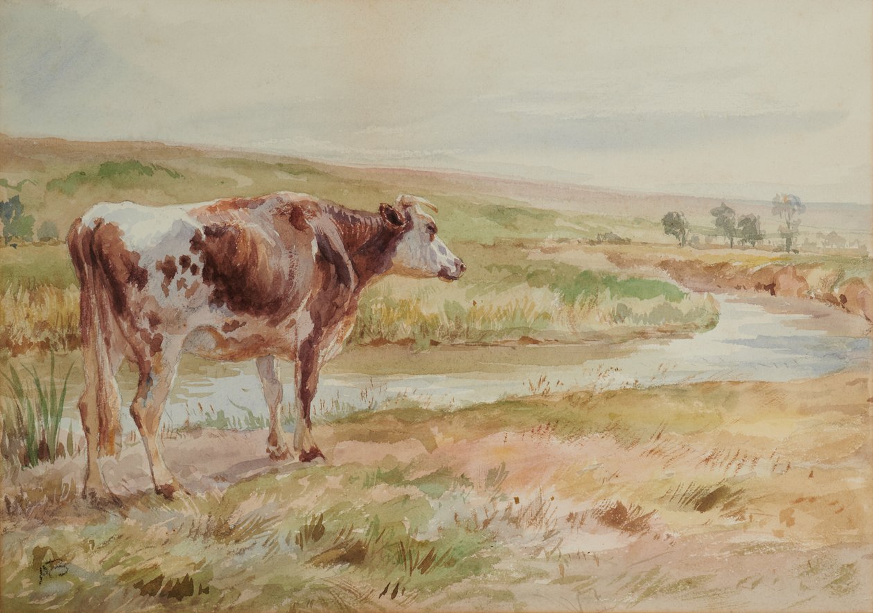 Landskap med elv og ku av A Brown
