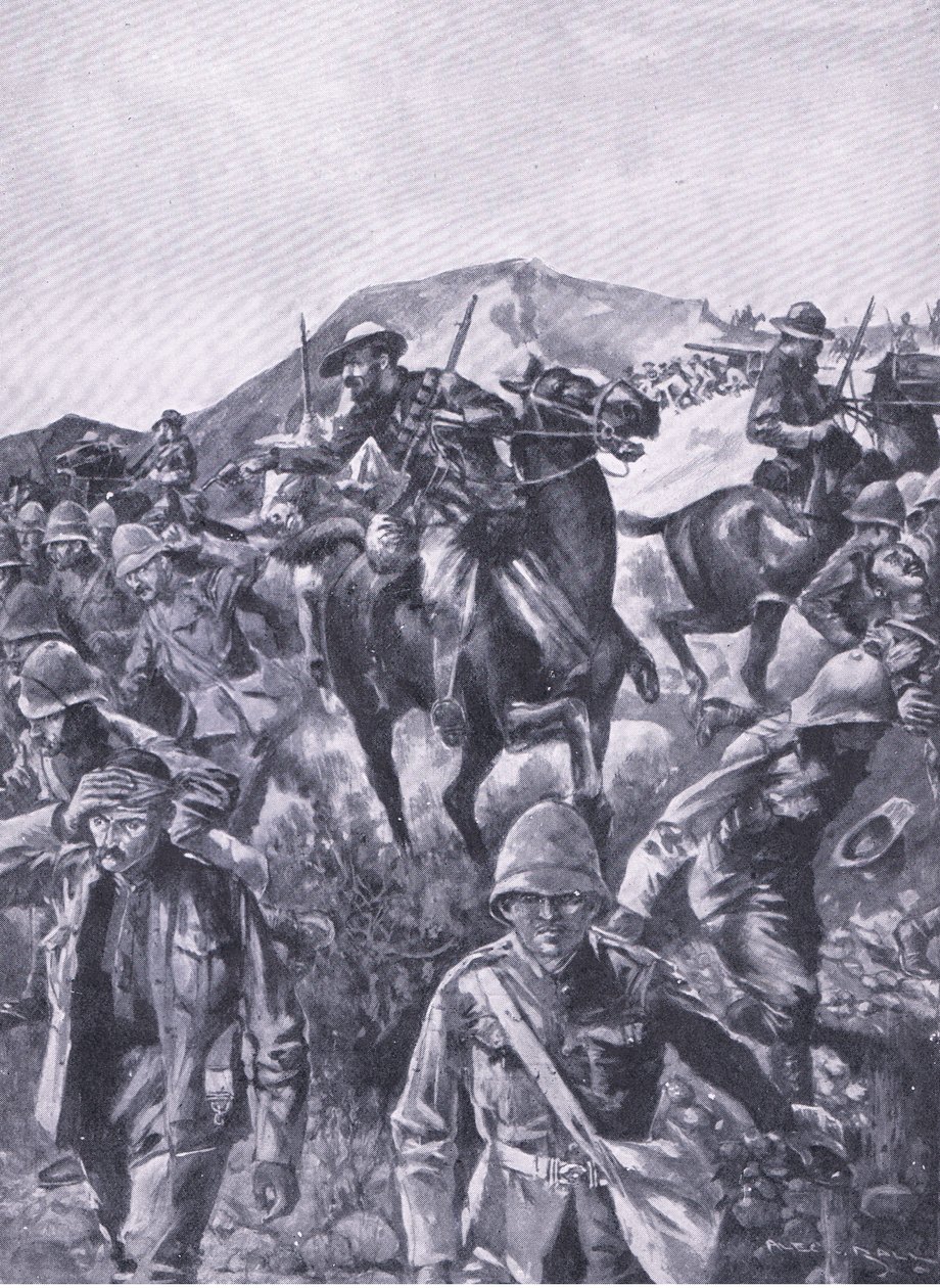 Britiske fanger satte inn som en skjerm mens boerne fjernet en marinepistol, fra After Pretoria: The Guerilla War utgitt av Harmsworth Bros Limited, 1901 av A. C. Ball