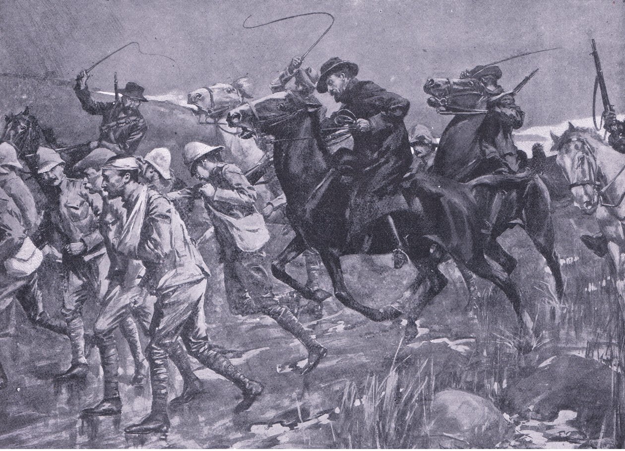De Wets behandling av britiske krigsfanger på marsj, illustrasjon fra After Pretoria: The Guerilla War, 1902 av A. C. Ball