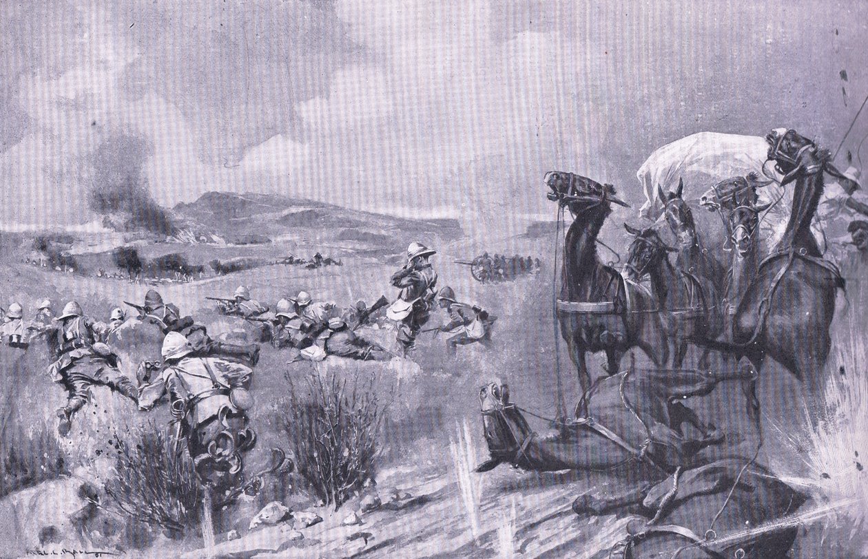 Angrepet på konvoien ved Buffelspoort, illustrasjon fra After Pretoria: The Guerilla War, 1902 av A. C. Ball
