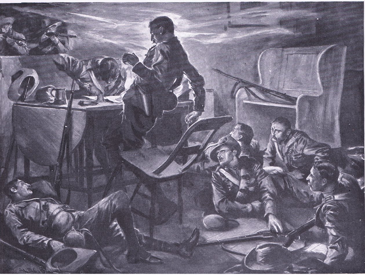 Drapet på to menn fra Comptons Horse mens de skrev brev hjem, illustrasjon fra After Pretoria: The Guerilla War, 1902 av A. C. Ball