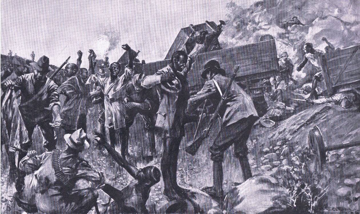 Ødeleggelsen av toget nær Taaibosch, fra After Pretoria: The Guerilla War utgitt av Harmsworth Bros Limited, 1901 av A. C. Ball