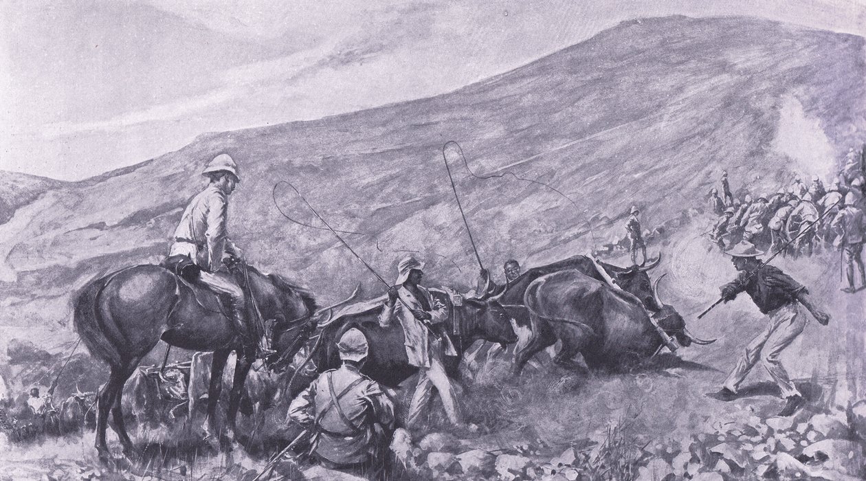 Transportvansker ved Barberton: Hvordan kanonene og vognene kom opp i fjellene, illustrasjon fra After Pretoria: The Guerilla War, 1902 av A. C. Ball