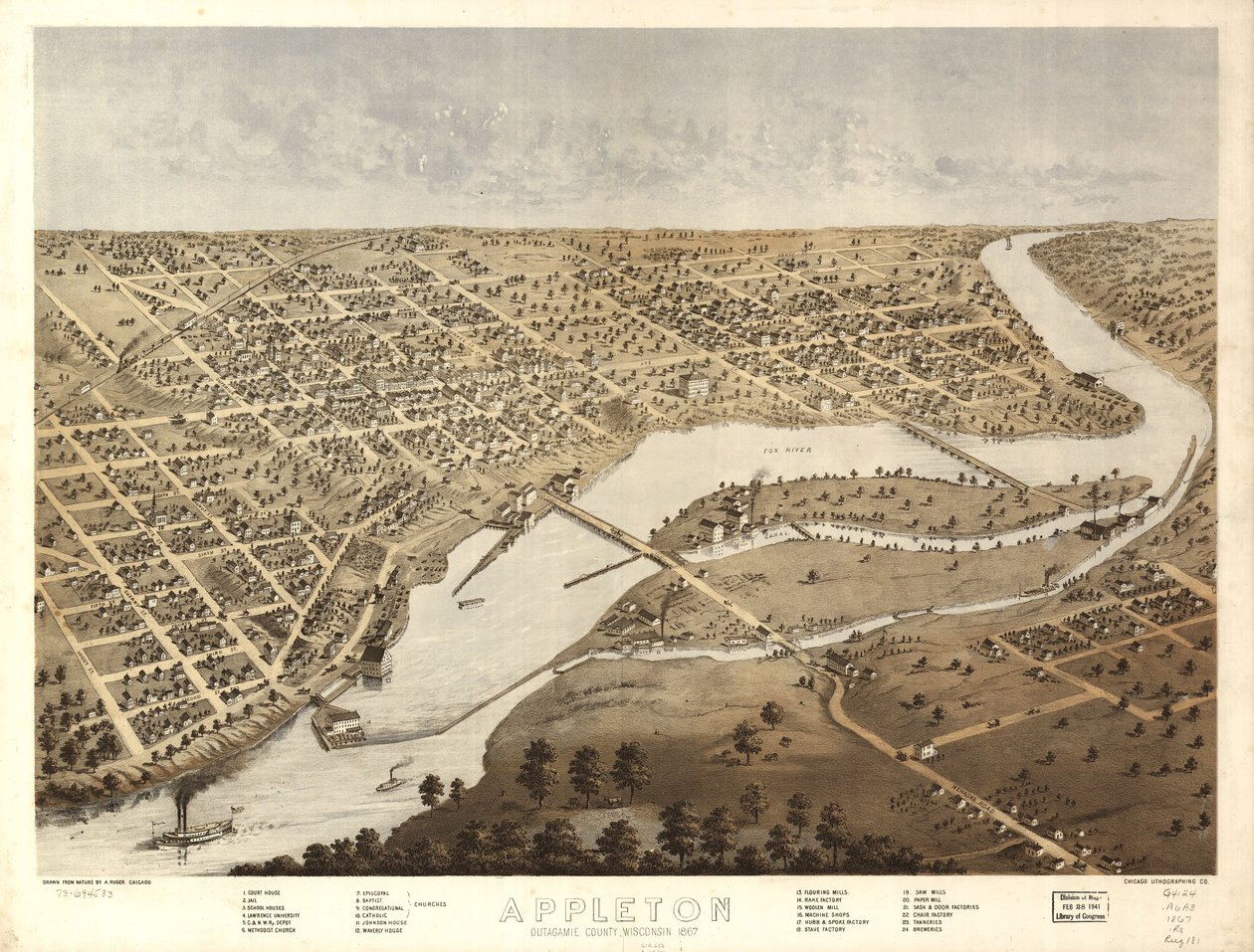 Appleton, Outagamie County, Wisconsin 1867. LOKAL 73694533 av A.; Chicago Lithographing Co. Ruger