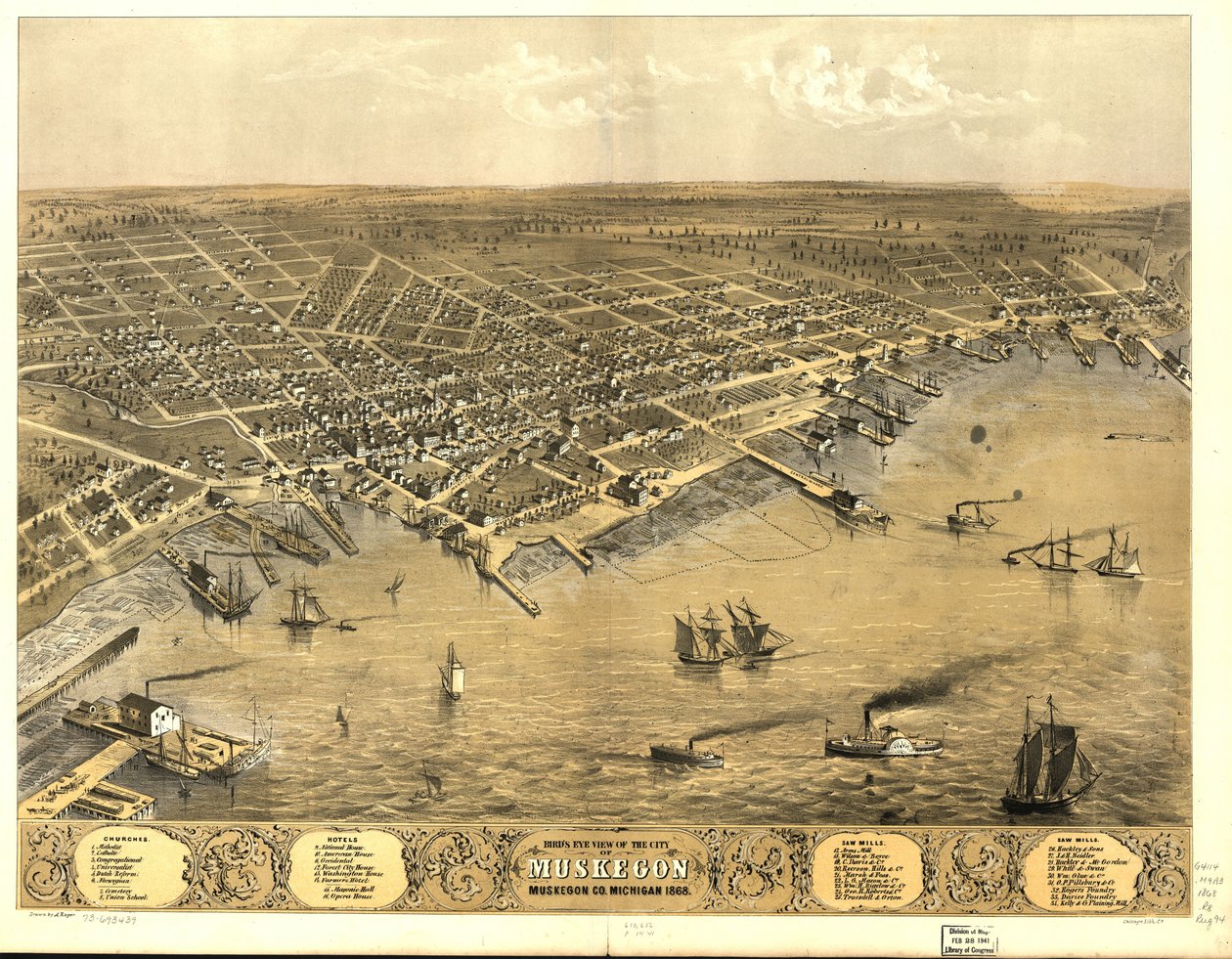 Fugleperspektiv av byen Muskegon, Muskegon Co., Michigan 1868. av A.; Chicago Lithographing Co. Ruger